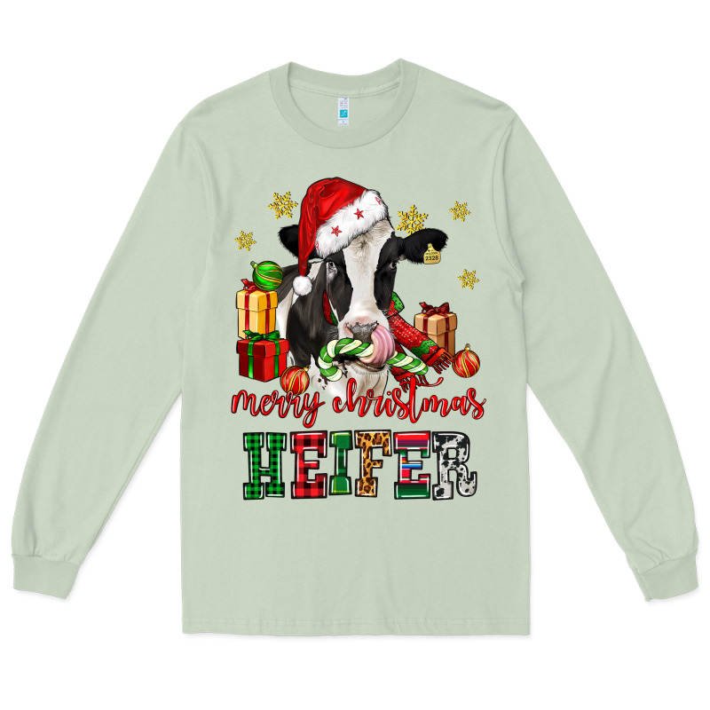 Merry Christmas Heifer Cow Long Sleeve Tee by CowGirlArtShop | Teevron