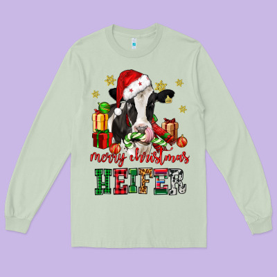 Merry Christmas Heifer Cow Long Sleeve Tee Designed By Cowgirlartshop
