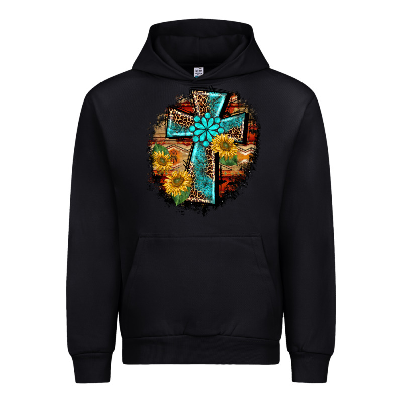 Western Turquoise's Leopard Cross  Wooden Aztek Sunflowers Background Urban Hoodie by BarkalooDesign | Teevron