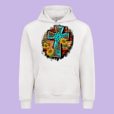 Western Turquoise's Leopard Cross  Wooden Aztek Sunflowers Background Urban Hoodie Designed By Barkaloodesign