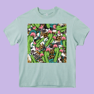Western Cactus And Turquoise Gemstone With Leopard And Cowhide Seamles Heavy Core Tee Designed By Bundleandbundleshop