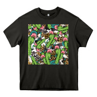 Asphalt Western Cactus And Turquoise Gemstone With Leopard And Cowhide Seamles Heavy Core Tee - BundleAndBundleShop