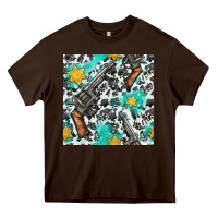 Chocolate Brown Western Gun And Sheriff Stars With Cowhide Seamless Pattern Heavy Core Tee - BundleAndBundleShop