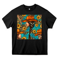 Black Western Girl Hair Clasp And Sunflower With Leopard And Glitter Seamles Heavy Core Tee - BundleAndBundleShop