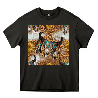 Asphalt Western Bull Skull And Sunflowers With Leopard Seamless Pattern Heavy Core Tee - BundleAndBundleShop