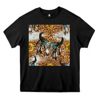 Black Western Bull Skull And Sunflowers With Leopard Seamless Pattern Heavy Core Tee - BundleAndBundleShop