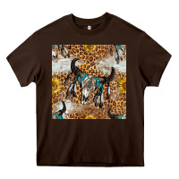 Chocolate Brown Western Bull Skull And Sunflowers With Leopard Seamless Pattern Heavy Core Tee - BundleAndBundleShop