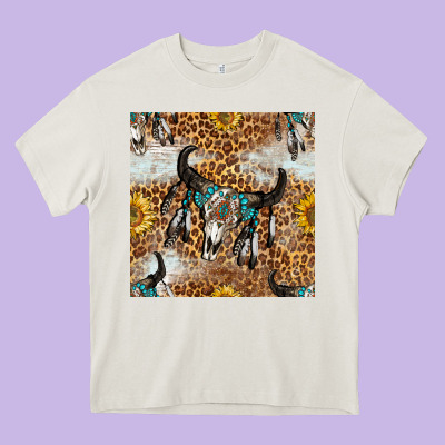 Western Bull Skull And Sunflowers With Leopard Seamless Pattern Heavy Core Tee Designed By Bundleandbundleshop