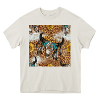 Cream Western Bull Skull And Sunflowers With Leopard Seamless Pattern Heavy Core Tee - BundleAndBundleShop