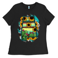 Black Alabama Map Sunflower Cactus Serape Ladies Tee - RanaPortraitStore