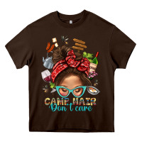 Chocolate Brown Camp Hair Dont Care Messy Bun Bbs Heavy Core Tee - BundleAndBundleShop