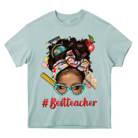 Arona Afro Messy Bun Best Teacher With Leopard Glasses Bbs Heavy Core Tee - BundleAndBundleShop
