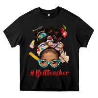 Black Afro Messy Bun Best Teacher With Leopard Glasses Bbs Heavy Core Tee - BundleAndBundleShop
