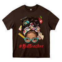 Chocolate Brown Afro Messy Bun Best Teacher With Leopard Glasses Bbs Heavy Core Tee - BundleAndBundleShop