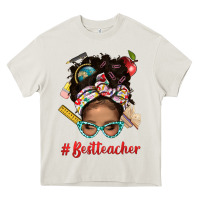 Cream Afro Messy Bun Best Teacher With Leopard Glasses Bbs Heavy Core Tee - BundleAndBundleShop