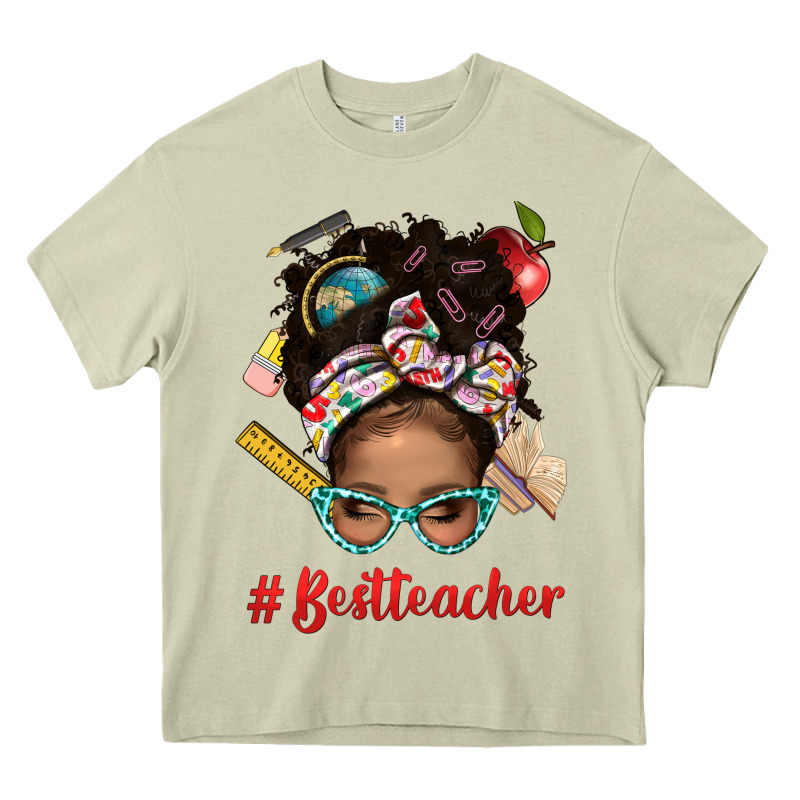 Afro Messy Bun Best Teacher With Leopard Glasses Bbs Heavy Core Tee by BundleAndBundleShop | Teevron
