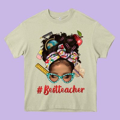 Afro Messy Bun Best Teacher With Leopard Glasses Bbs Heavy Core Tee Designed By Bundleandbundleshop