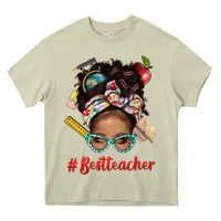 Mossy Afro Messy Bun Best Teacher With Leopard Glasses Bbs Heavy Core Tee - BundleAndBundleShop