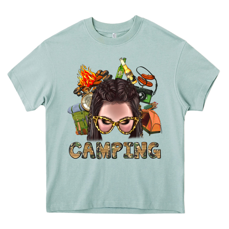Camping Braid Hair Woman With Fire Bbs Heavy Core Tee by BundleAndBundleShop | Teevron