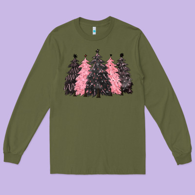 Pink Christmas Trees Long Sleeve Tee Designed By Cowgirlartshop