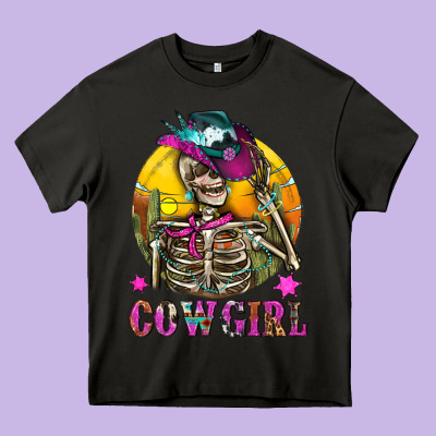 Cowgirl Skeleton With Landscape Heavy Core Tee Designed By Bundleandbundleshop