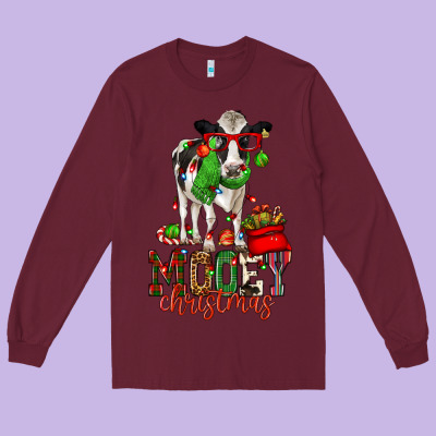 Mooey Christmas Holstein Cow Long Sleeve Tee Designed By Cowgirlartshop
