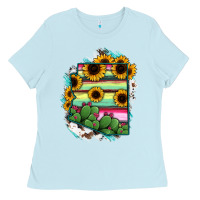 Baby Blue Arizona Map Sunflower Cactus Serape Ladies Tee - RanaPortraitStore