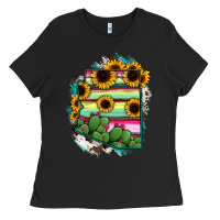Black Arizona Map Sunflower Cactus Serape Ladies Tee - RanaPortraitStore