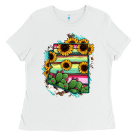 White Arizona Map Sunflower Cactus Serape Ladies Tee - RanaPortraitStore