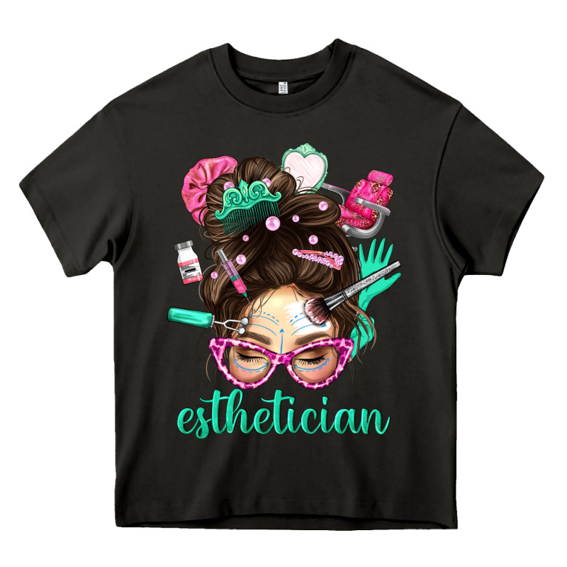Esthetician Messy Bun With Pink Leopard Glasses Bbs Heavy Core Tee by BundleAndBundleShop | Teevron