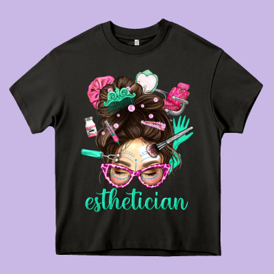 Esthetician Messy Bun With Pink Leopard Glasses Bbs Heavy Core Tee Designed By Bundleandbundleshop