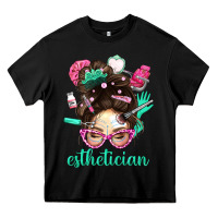 Black Esthetician Messy Bun With Pink Leopard Glasses Bbs Heavy Core Tee - BundleAndBundleShop