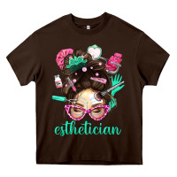 Chocolate Brown Esthetician Messy Bun With Pink Leopard Glasses Bbs Heavy Core Tee - BundleAndBundleShop