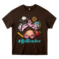 Chocolate Brown Best Teacher Messy Bun Bbs Heavy Core Tee - BundleAndBundleShop
