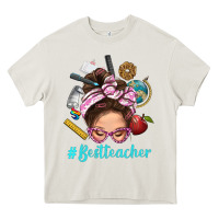 Cream Best Teacher Messy Bun Bbs Heavy Core Tee - BundleAndBundleShop