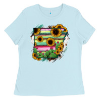 Baby Blue Arkansas Map Sunflower Cactus Serape Ladies Tee - RanaPortraitStore