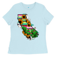 Baby Blue California Map Sunflower Cactus Serape Ladies Tee - RanaPortraitStore