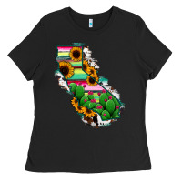 Black California Map Sunflower Cactus Serape Ladies Tee - RanaPortraitStore