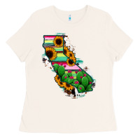 Bone California Map Sunflower Cactus Serape Ladies Tee - RanaPortraitStore