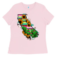 Bubblegum Pink California Map Sunflower Cactus Serape Ladies Tee - RanaPortraitStore