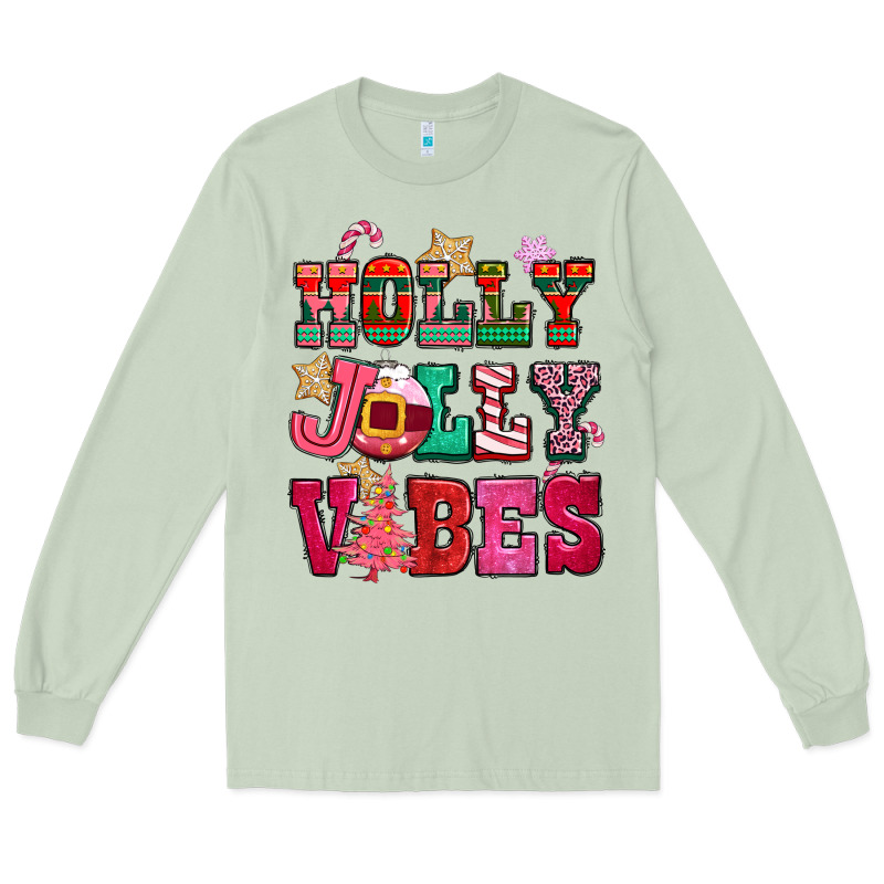 Holly Jolly Vibes Pink Christmas Long Sleeve Tee by CowGirlArtShop | Teevron