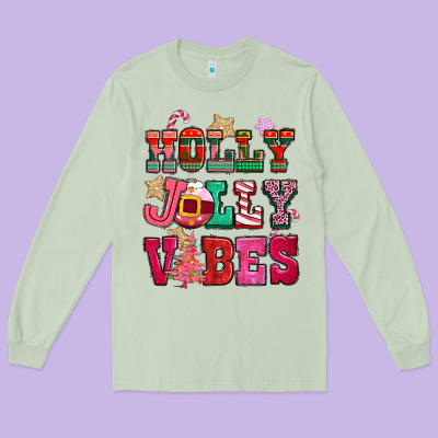 Holly Jolly Vibes Pink Christmas Long Sleeve Tee Designed By Cowgirlartshop
