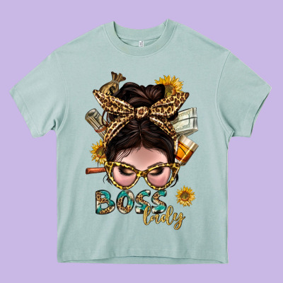 Western Messy Bun Boss Lady With Money Heavy Core Tee Designed By Bundleandbundleshop