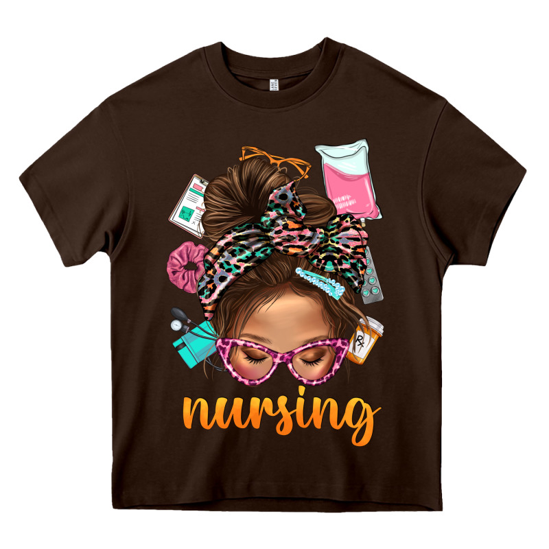 Messy Bun Nursing With Leopard Glasses Bbs Heavy Core Tee by BundleAndBundleShop | Teevron