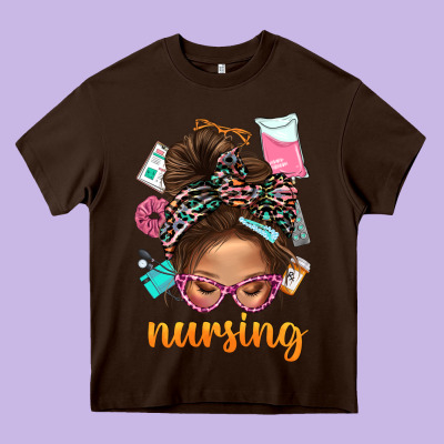 Messy Bun Nursing With Leopard Glasses Bbs Heavy Core Tee Designed By Bundleandbundleshop