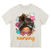 Cream Messy Bun Nursing With Leopard Glasses Bbs Heavy Core Tee - BundleAndBundleShop