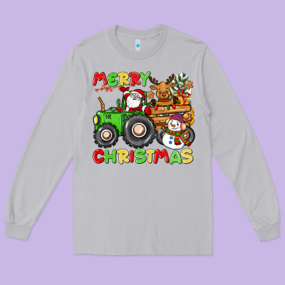 Merry Christmas Crew Tractor Long Sleeve Tee Designed By Cowgirlartshop