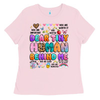 Bubblegum Pink dear tiny human behind me Ladies Tee - Artiststas