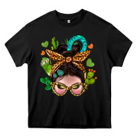 Black Western  Messy Bun With Cactus Heavy Core Tee - BundleAndBundleShop