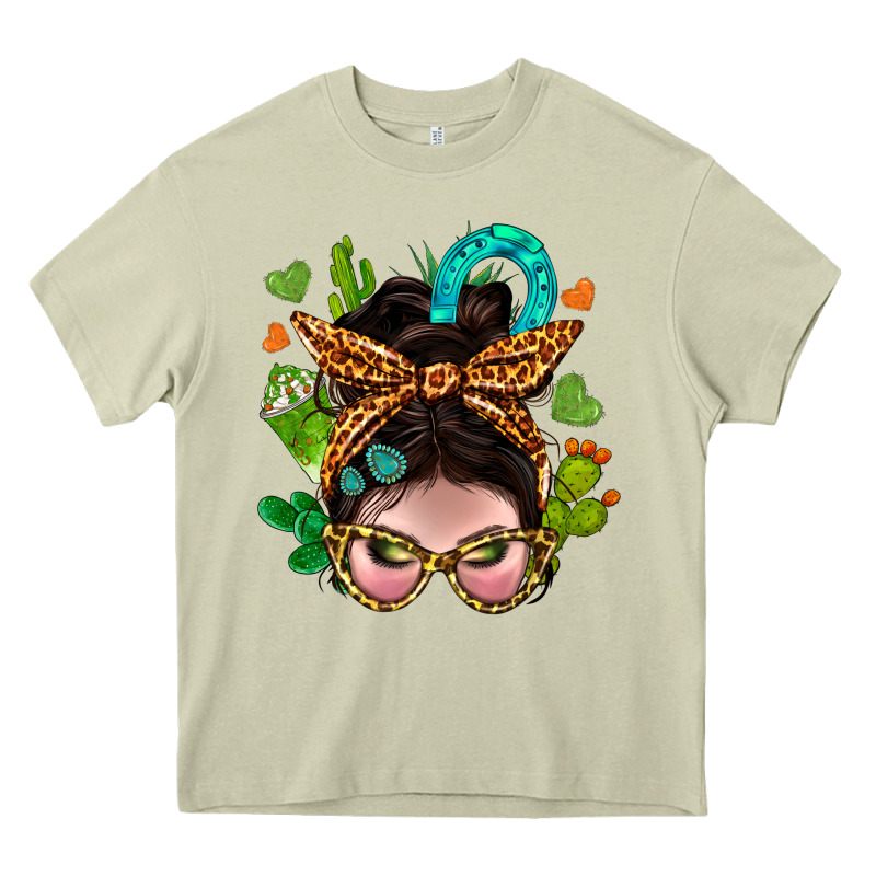 Western  Messy Bun With Cactus Heavy Core Tee by BundleAndBundleShop | Teevron